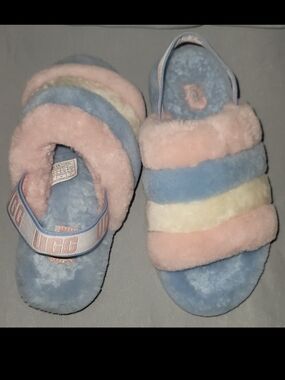 UGG Pastel Striped Fluff Slides - Pink, Blue, Cream
